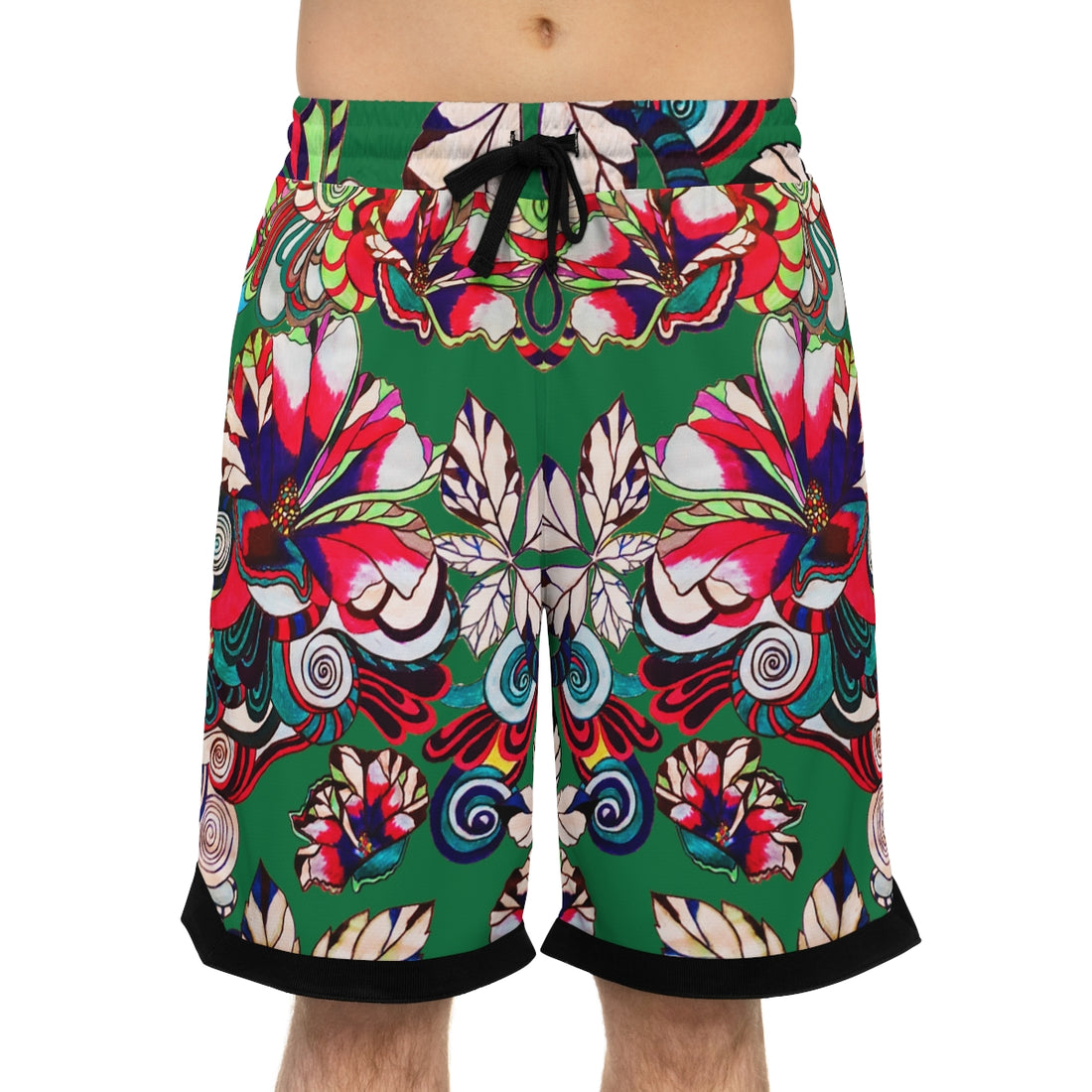 Green Graphic Floral Basketball Rib Shorts (AOP)