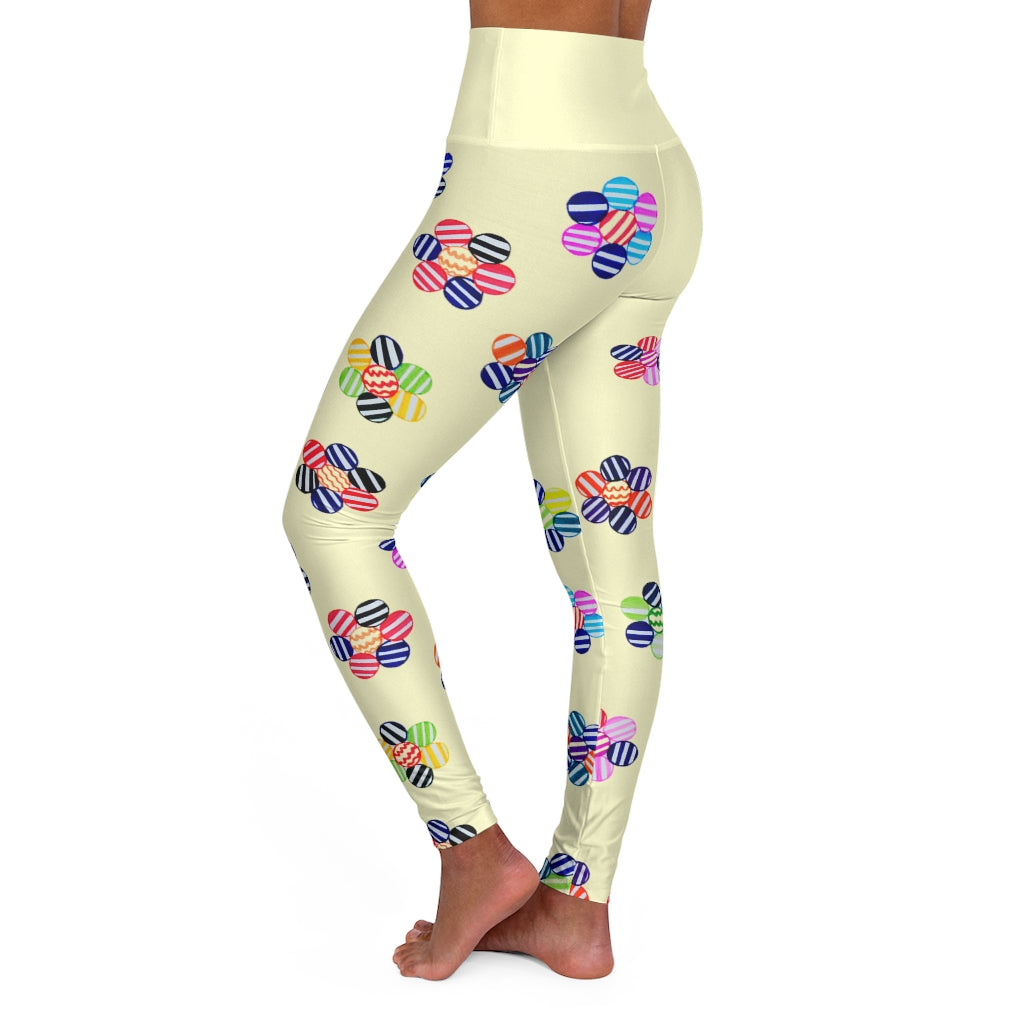 cream geometric floral printed yoga leggings