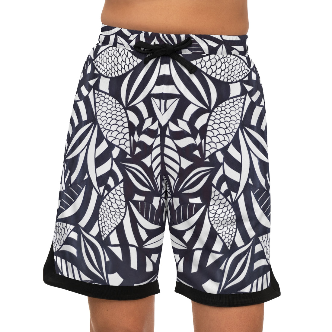 white tropical print men's basketball ribbed shorts