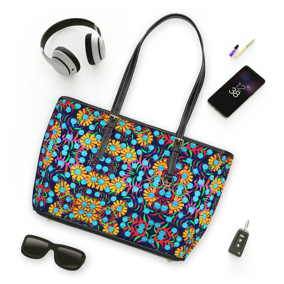 ink pu leather sunflower print oversize tote bag