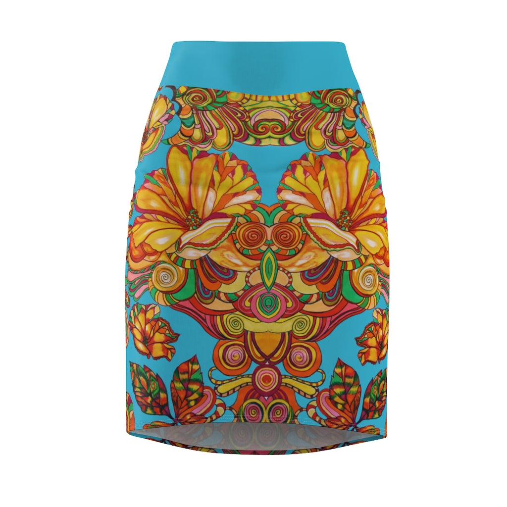 Artsy Floral Aqua Pencil Skirt