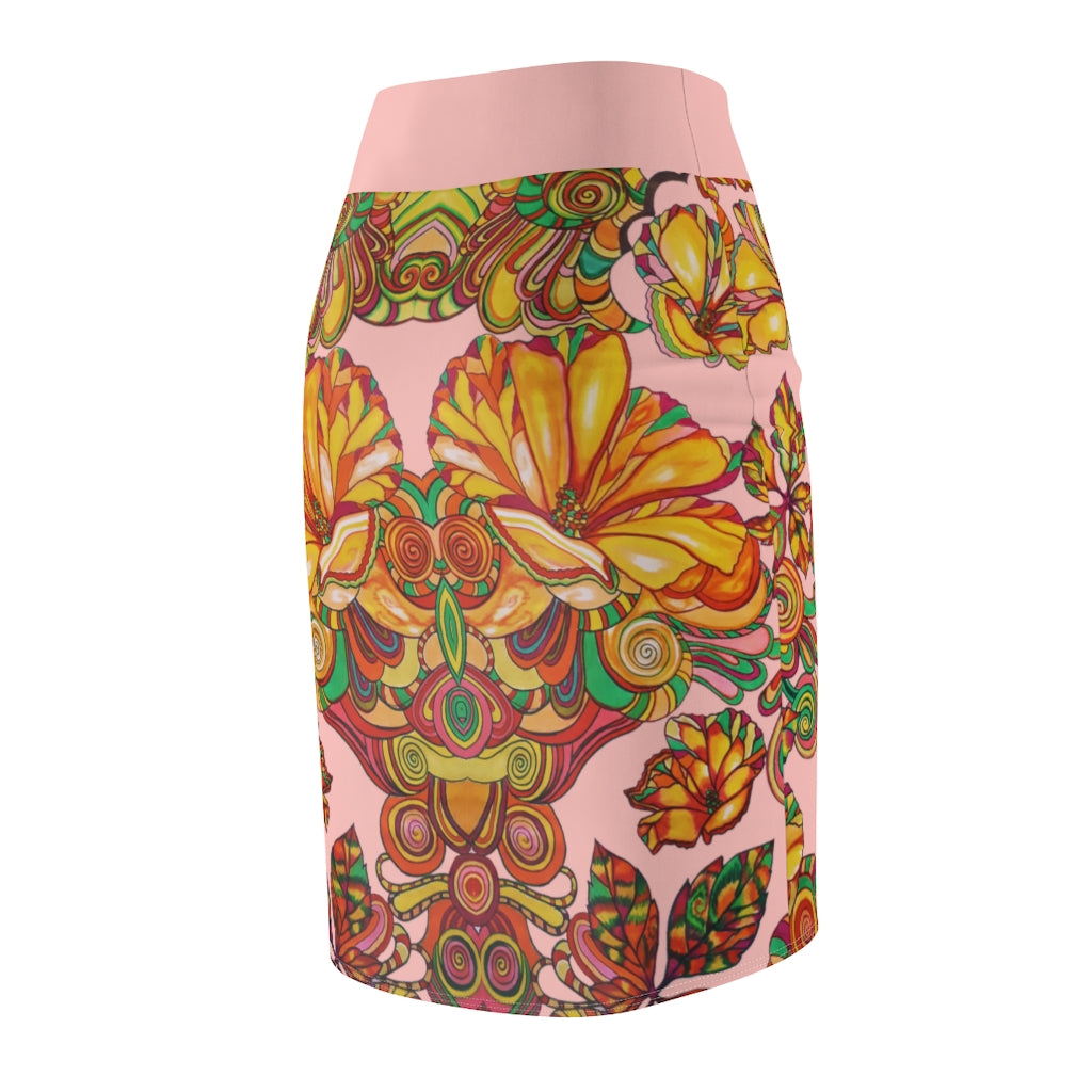 Artsy Floral Blush Pencil Skirt