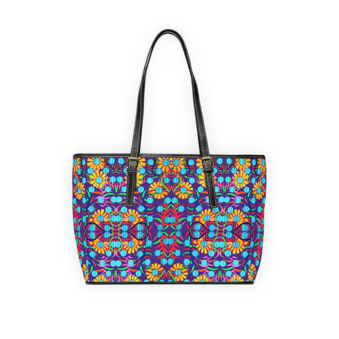 purple sunflower print pu leather zipper tote bag