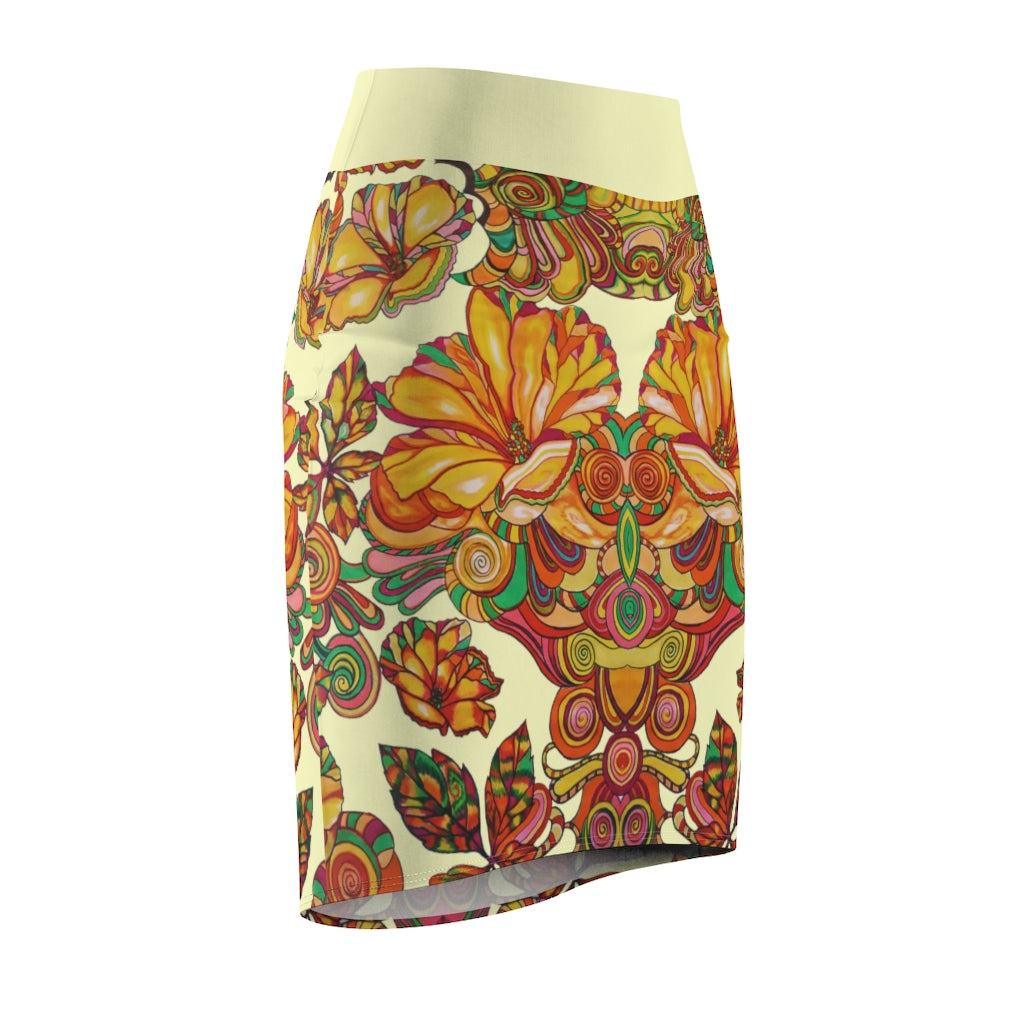 Artsy Floral Cream Pencil Skirt
