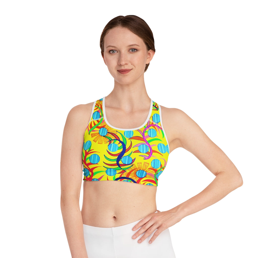 canary sunflower print sports bra