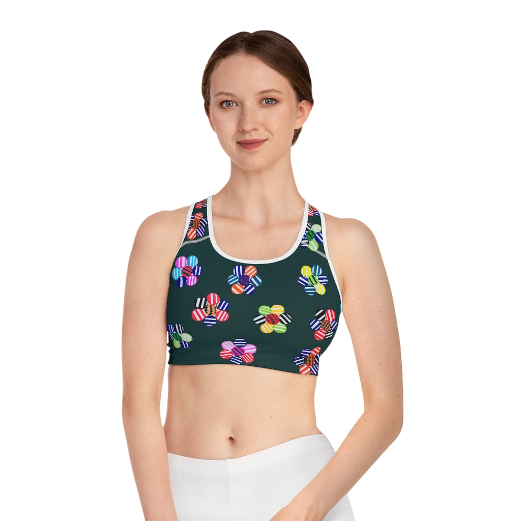 bottle green geometric flowers sports bra