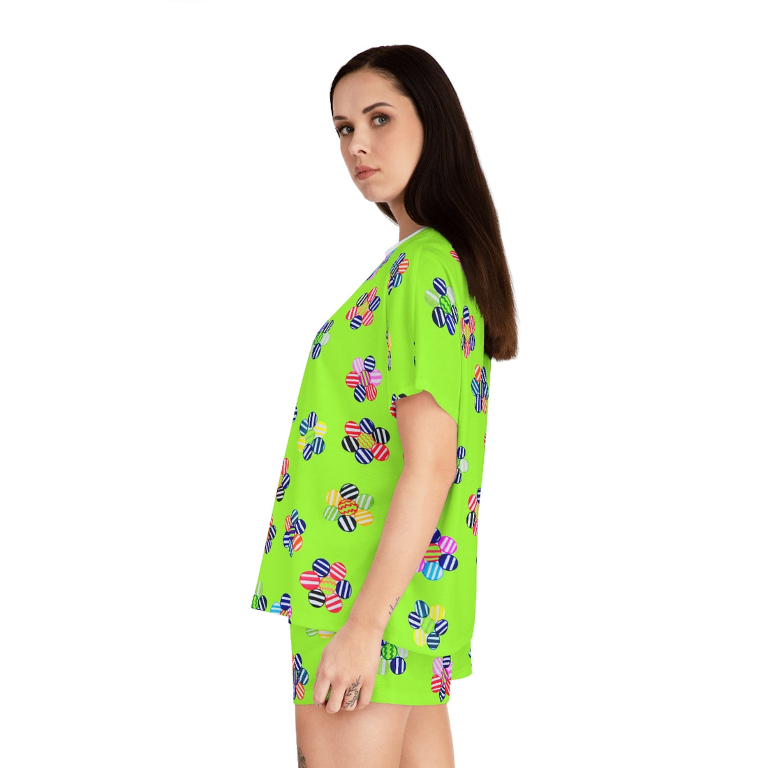 Lime Green Candy Floral Short Pajama Set (AOP)