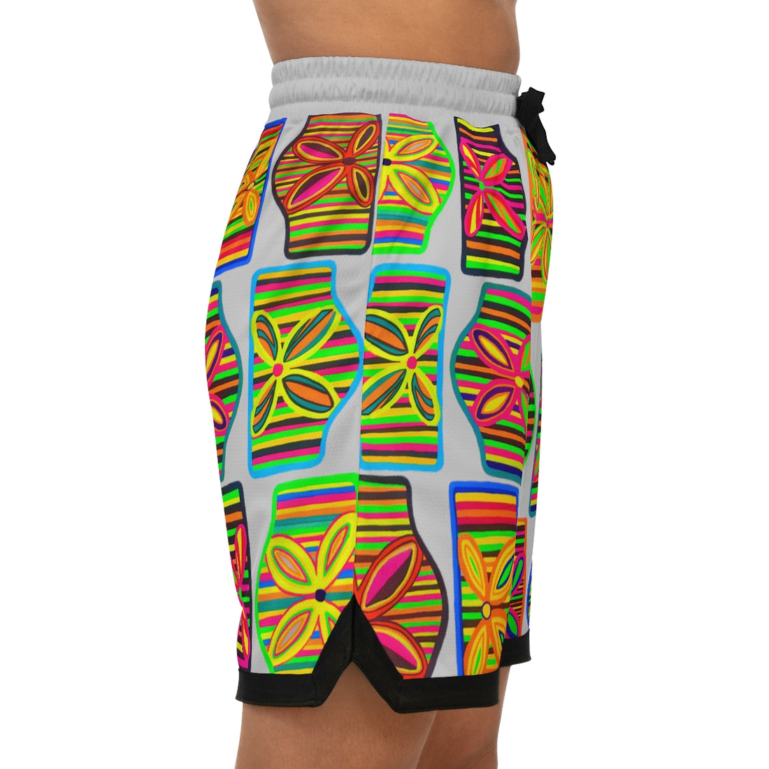 slate grey art deco print basketball shorts for men