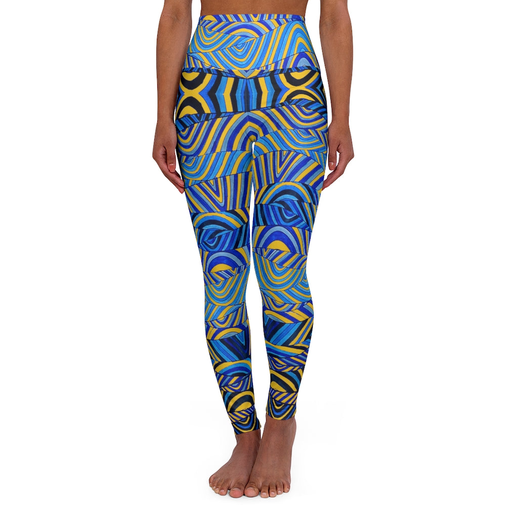 yellow & blue psychedelic print yoga athleisure leggings for women