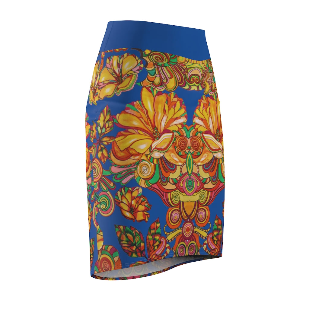 Artsy Floral Royal Blue Pencil Skirt
