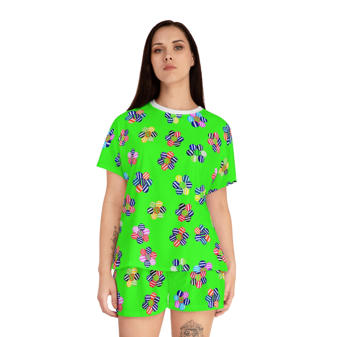 neon green geometric floral shorts & t-shirt pajama set
