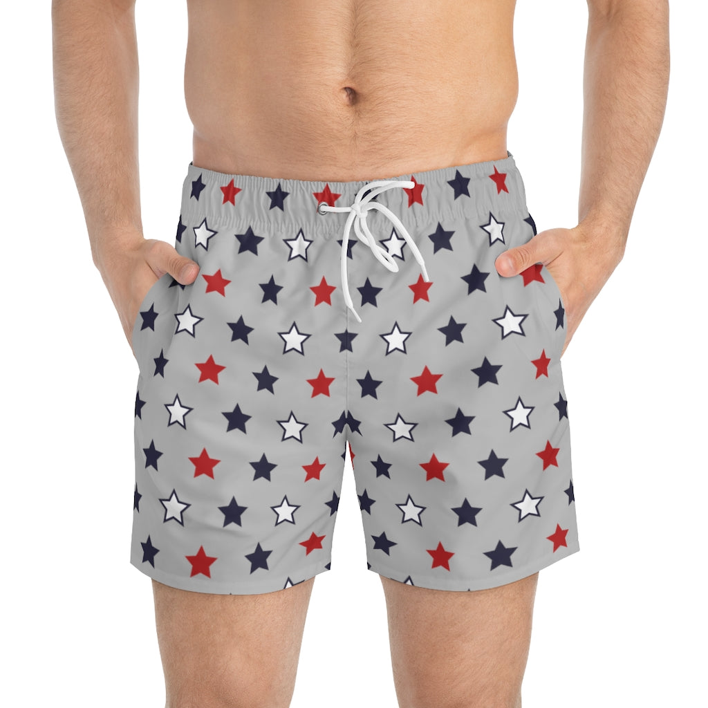 slate grey star print 4th of July men's swimming trunks by labelrara
