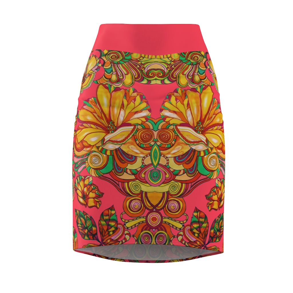 Artsy Floral Coral Red Pencil Skirt