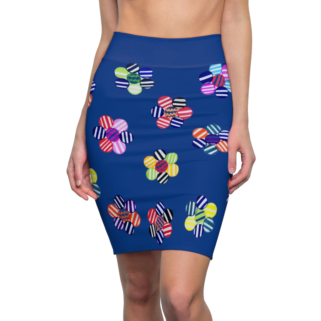 blue striped floral print pencil skirt