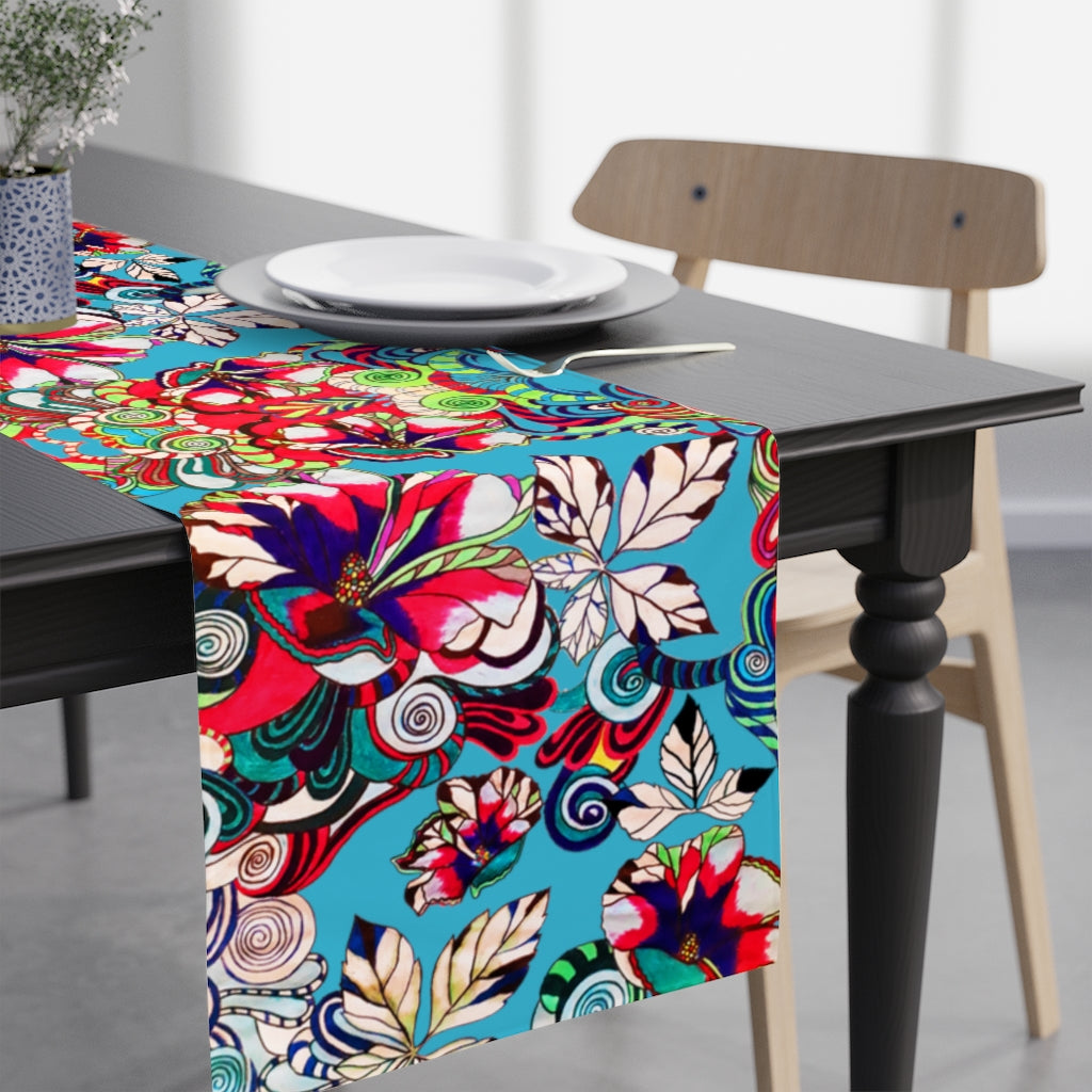 Artsy Floral Pop Aqua Table Runner