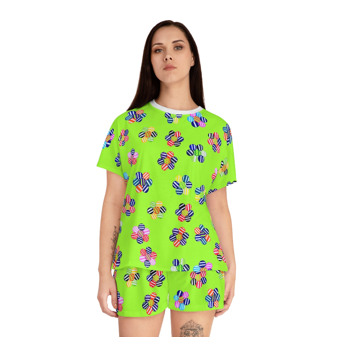 lime green geometric floral shorts & t-shirt pajama set