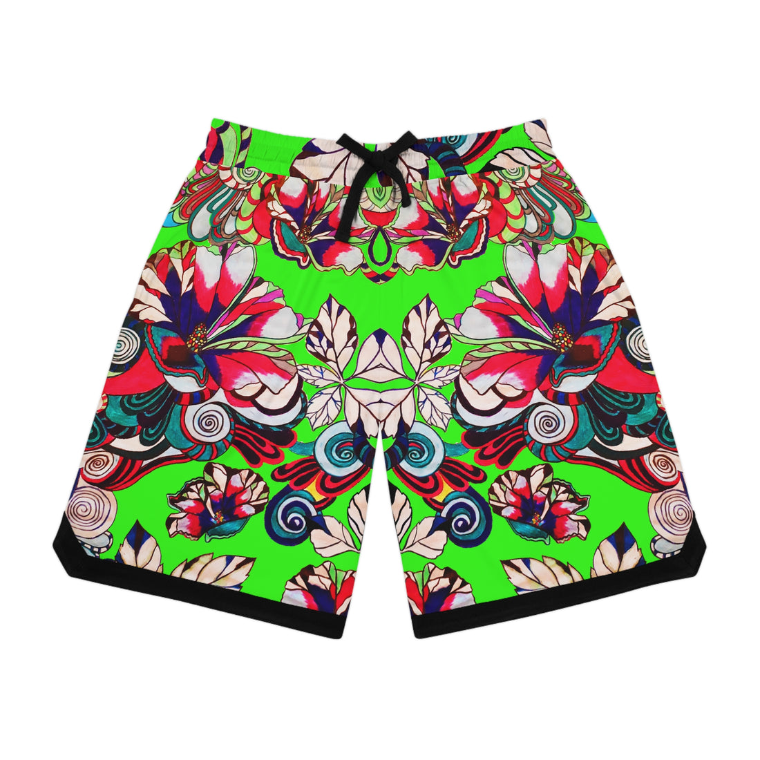 Neon Green Graphic Floral Basketball Rib Shorts (AOP)