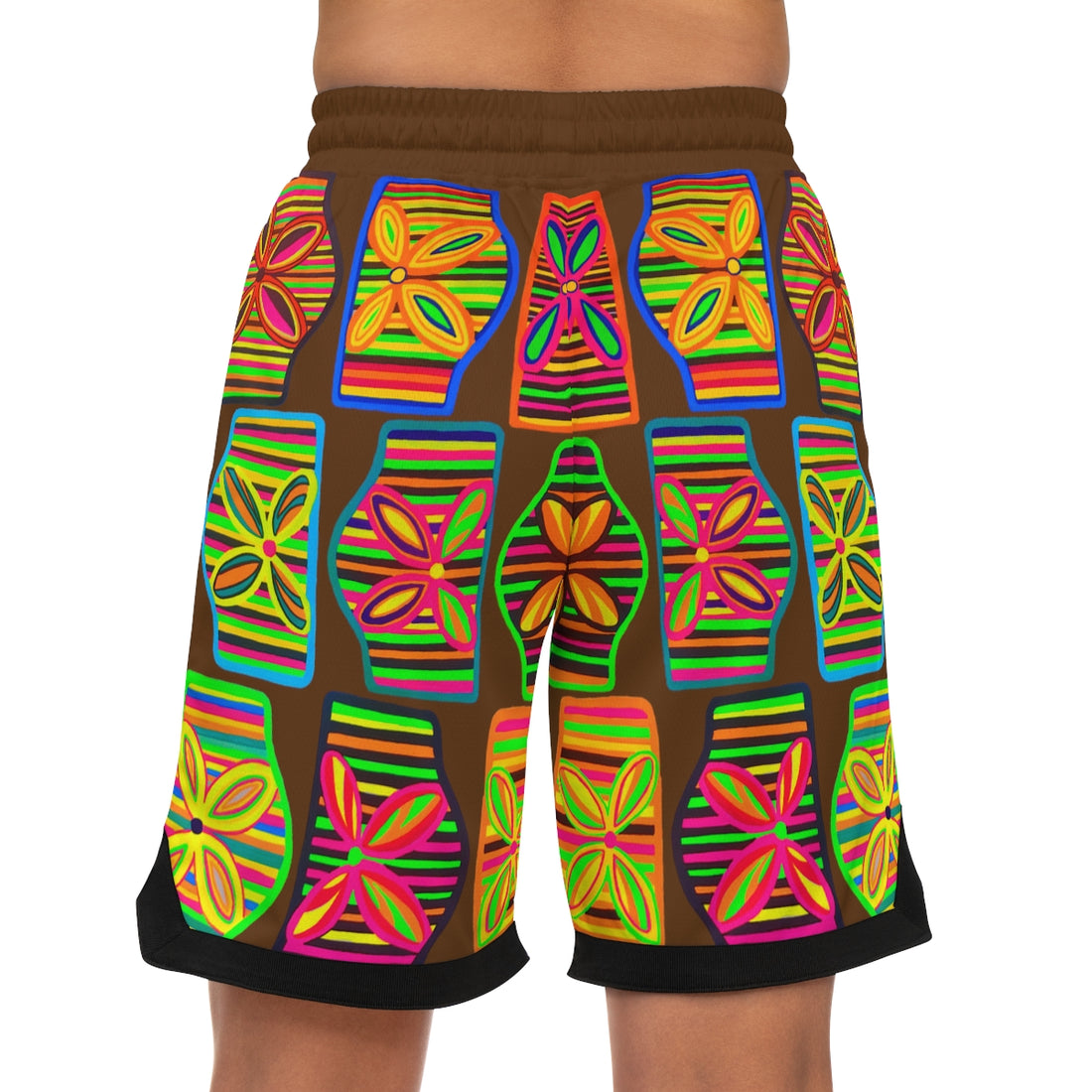 Brown Deco Print Basketball Rib Shorts (AOP)