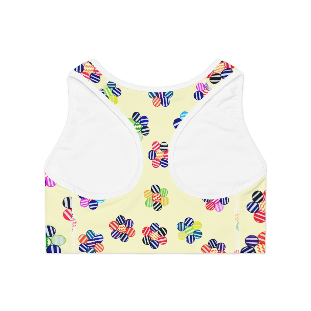 cream geometric flowers sports bra