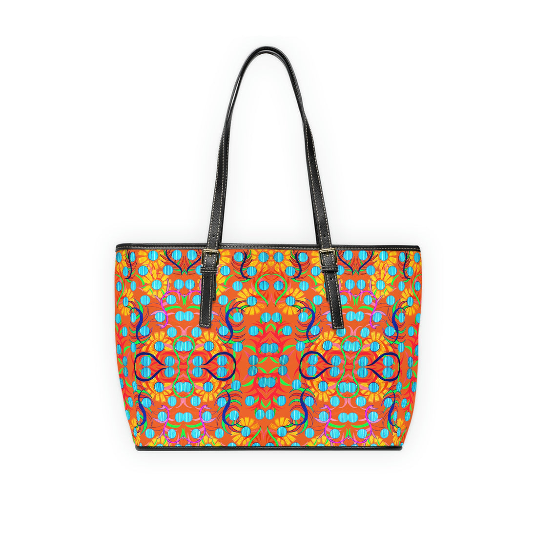 orange sunflower print pu leather zipper tote bag