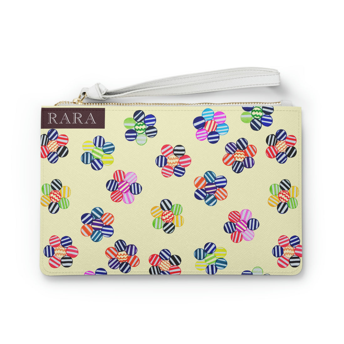 cream geometric striped floral clutch bag