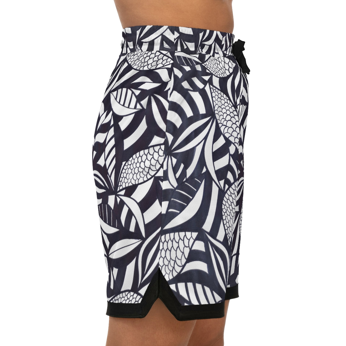 white tropical print men's basketball ribbed shorts