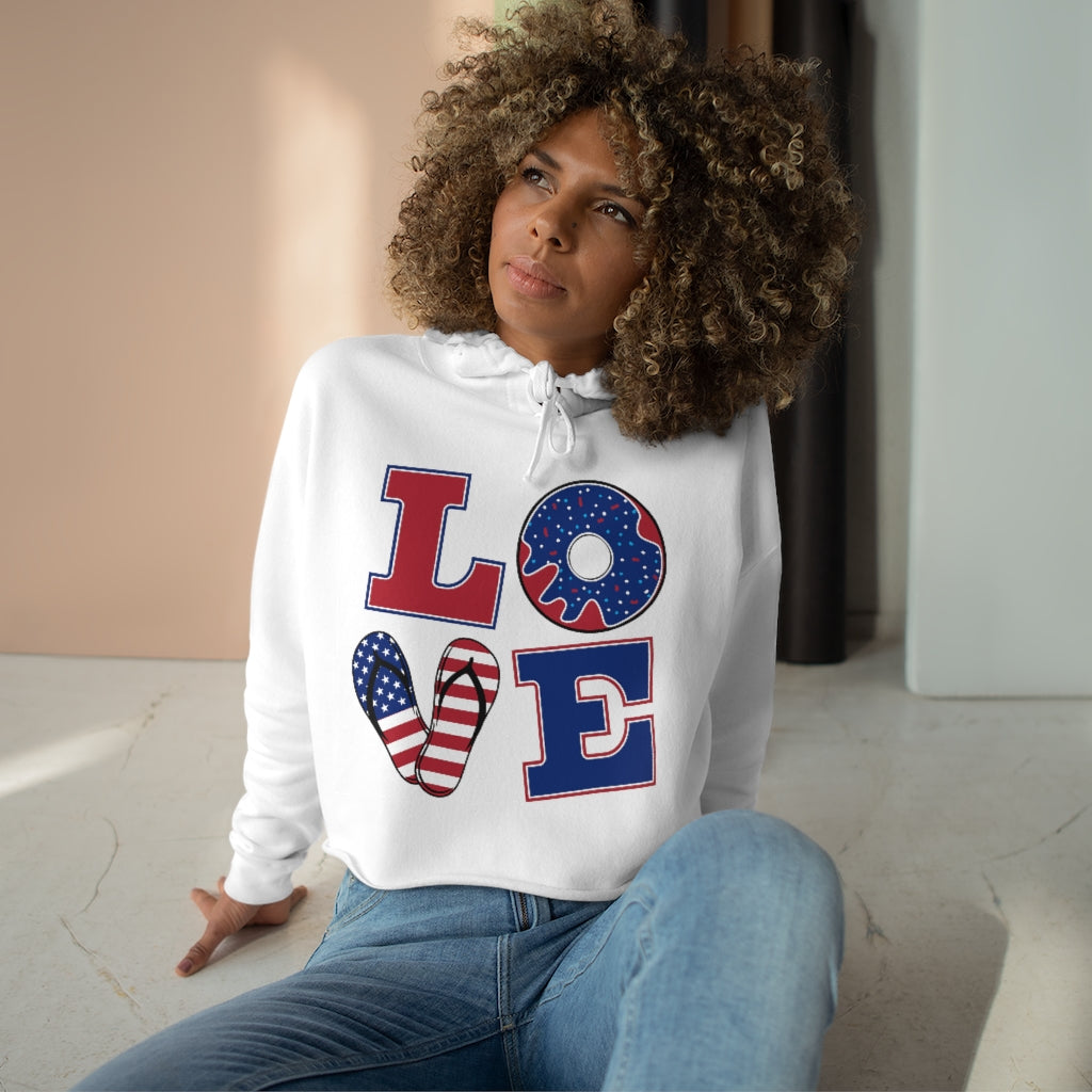 white  crop hoodie printed love