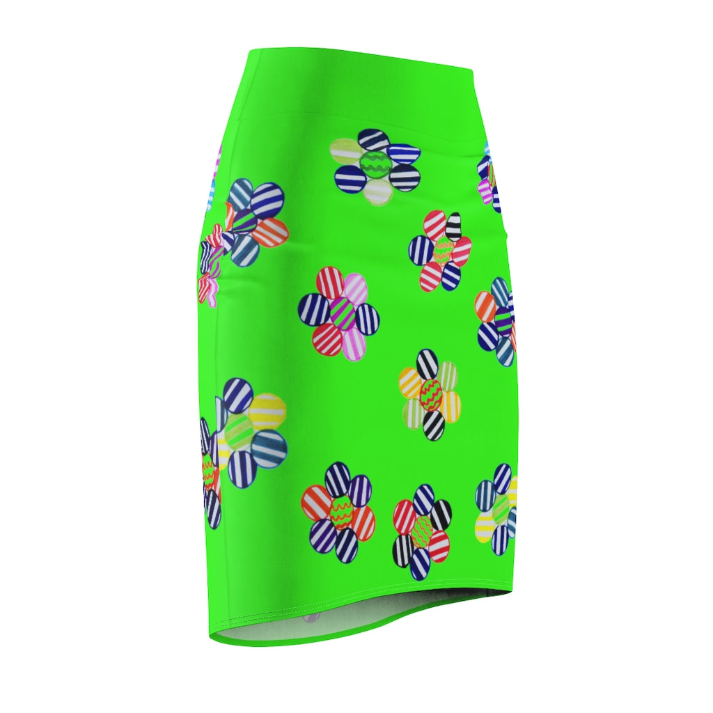 neon green striped florals pencil skirt 