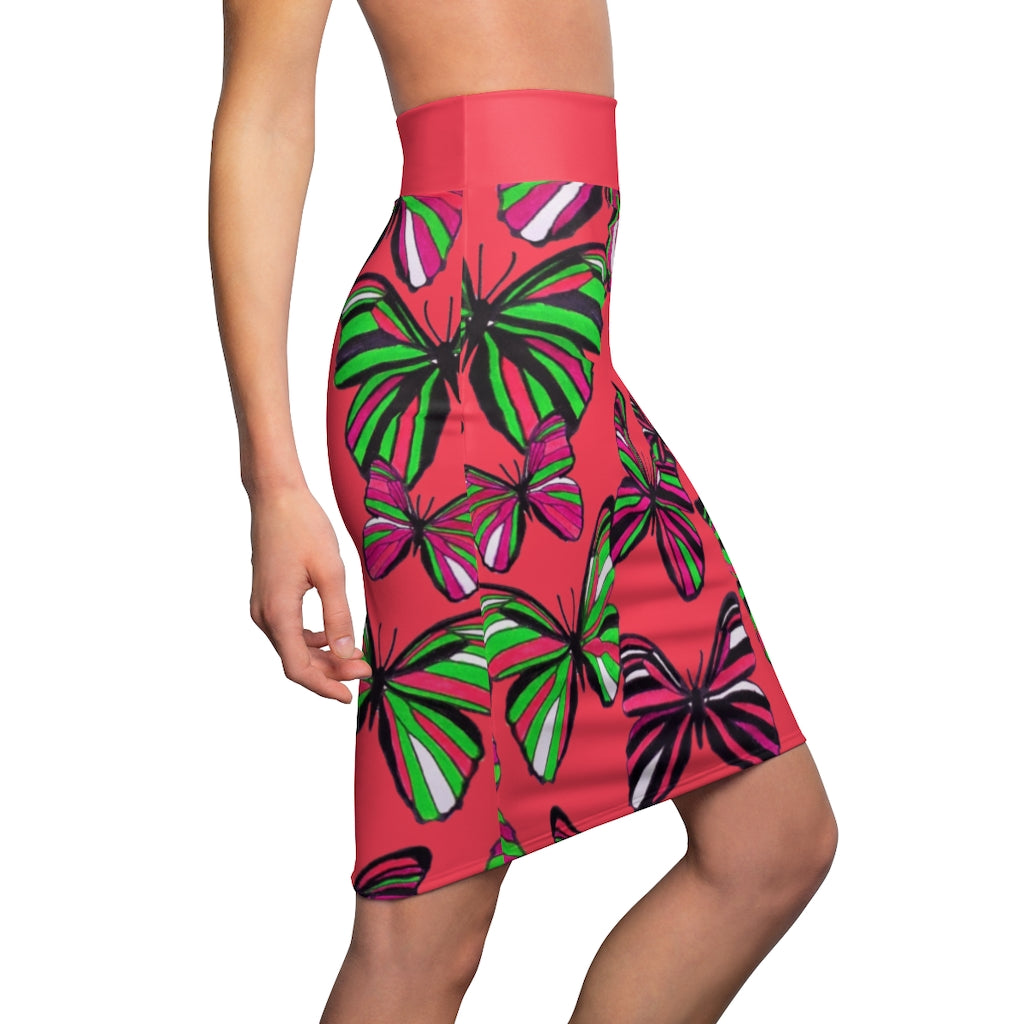 Coral Red Butterflies Pencil Skirt