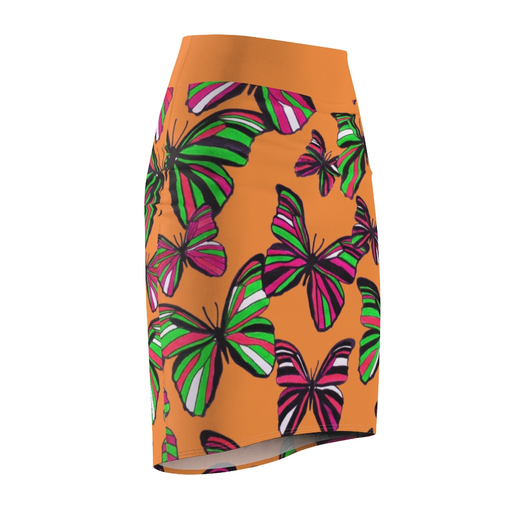 Peach Butterflies Pencil Skirt