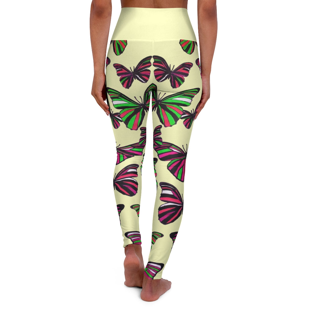High Waisted Pale Yellow Butterfly Leggings