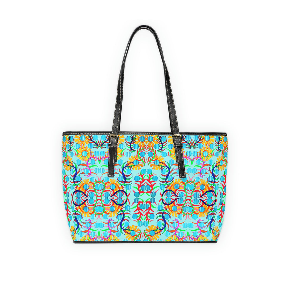Icy Blue pu leather sunflower print oversize tote bag