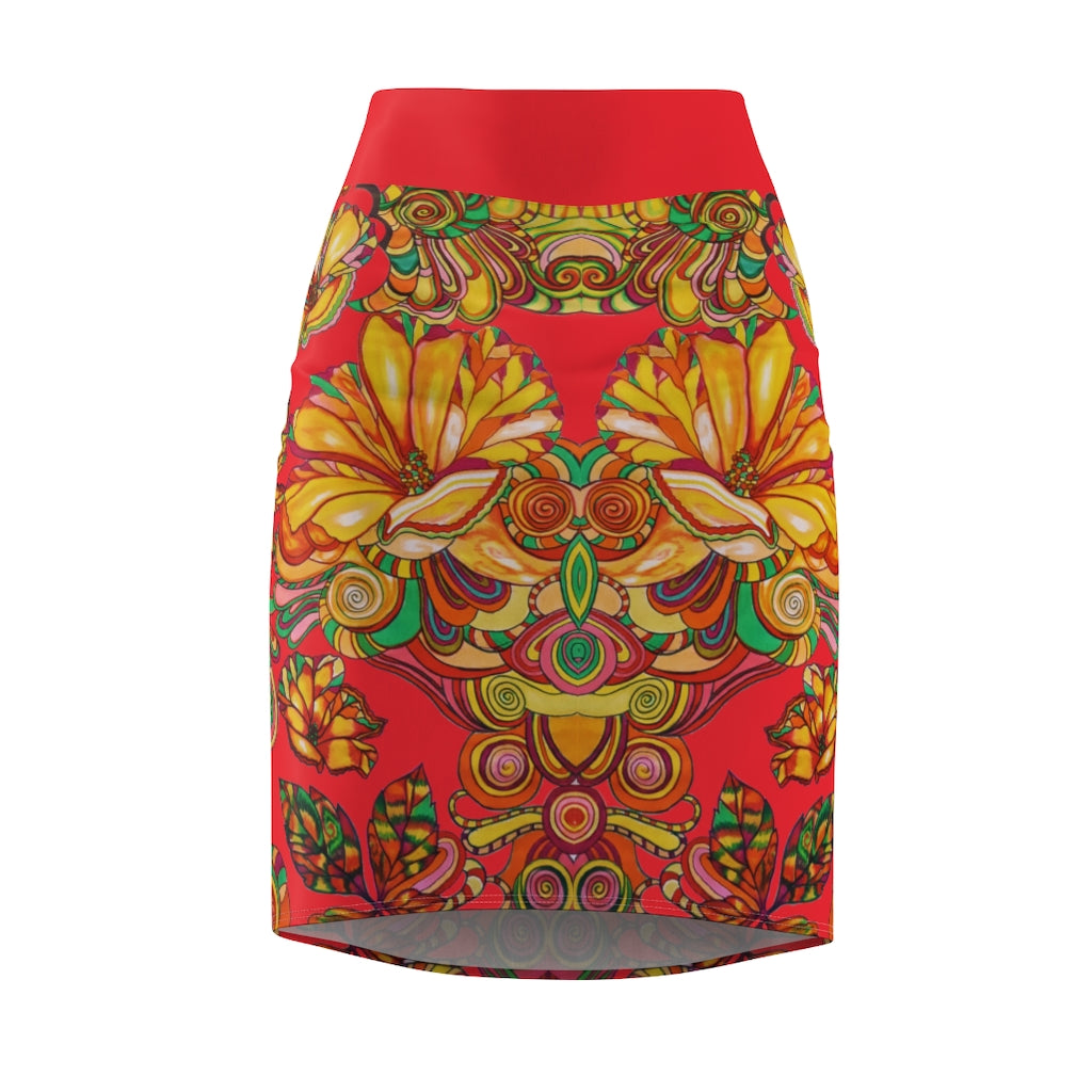 Artsy Floral Red Pencil Skirt