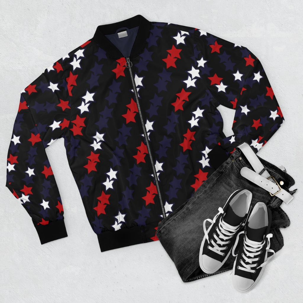 black men's wear star print bomber jacket