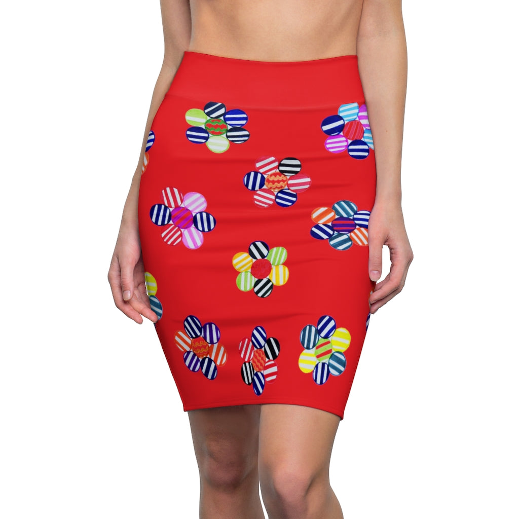 red striped floral print pencil skirt