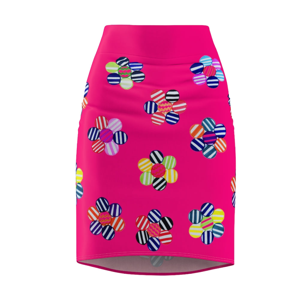 hot pink  striped florals pencil skirt 