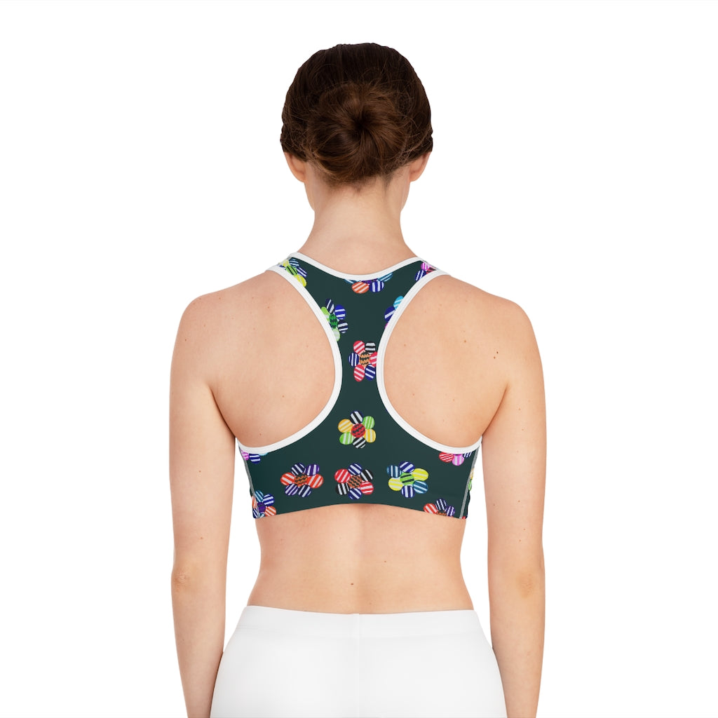 bottle green geometric flowers sports bra