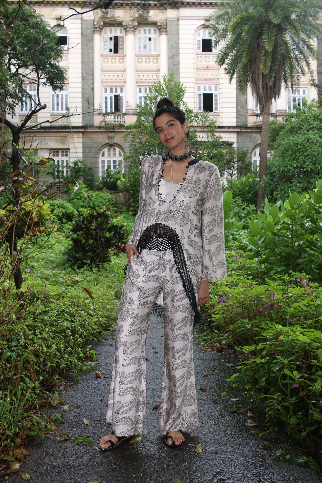 White silk block printed trouser, crop top & tunic set.