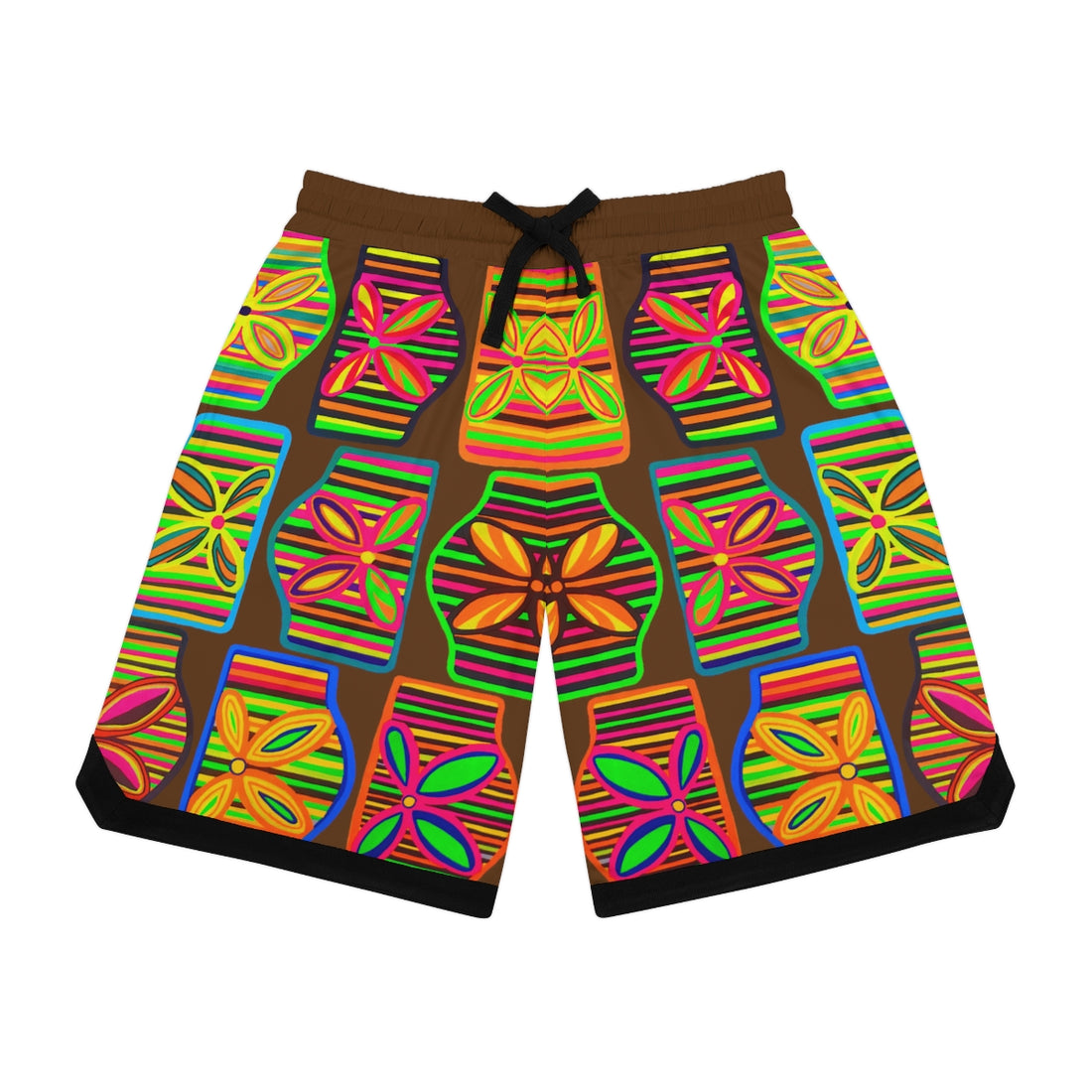 Brown Deco Print Basketball Rib Shorts (AOP)