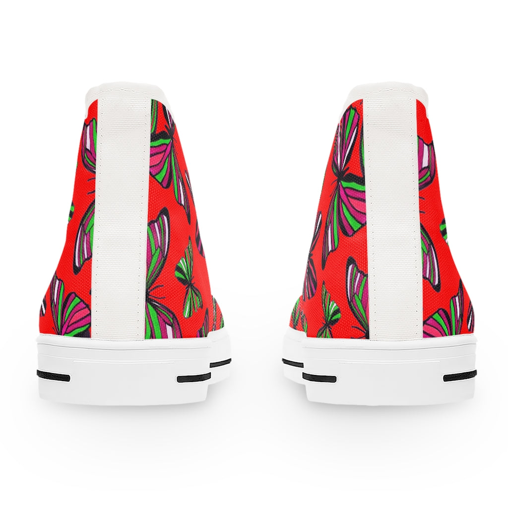 red butterfly print canvas women's high top sneakers 