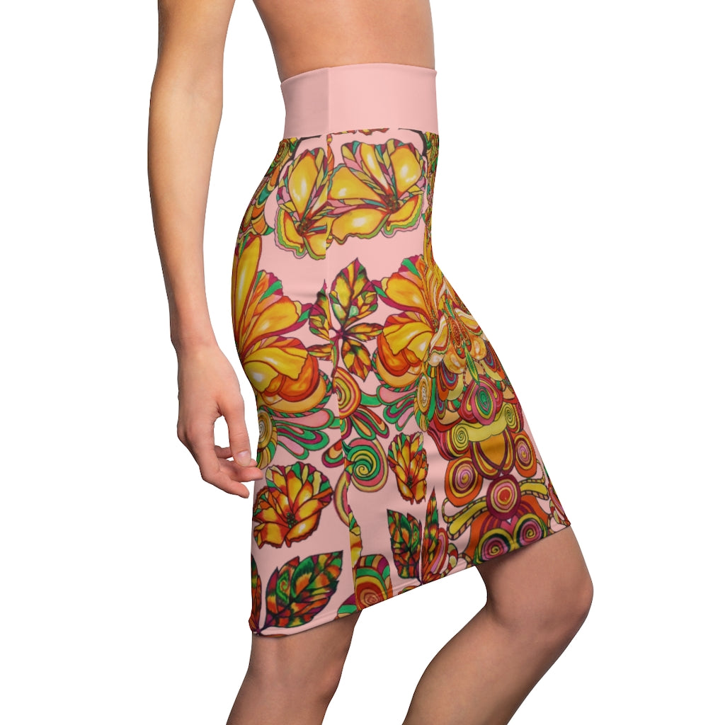 Artsy Floral Blush Pencil Skirt