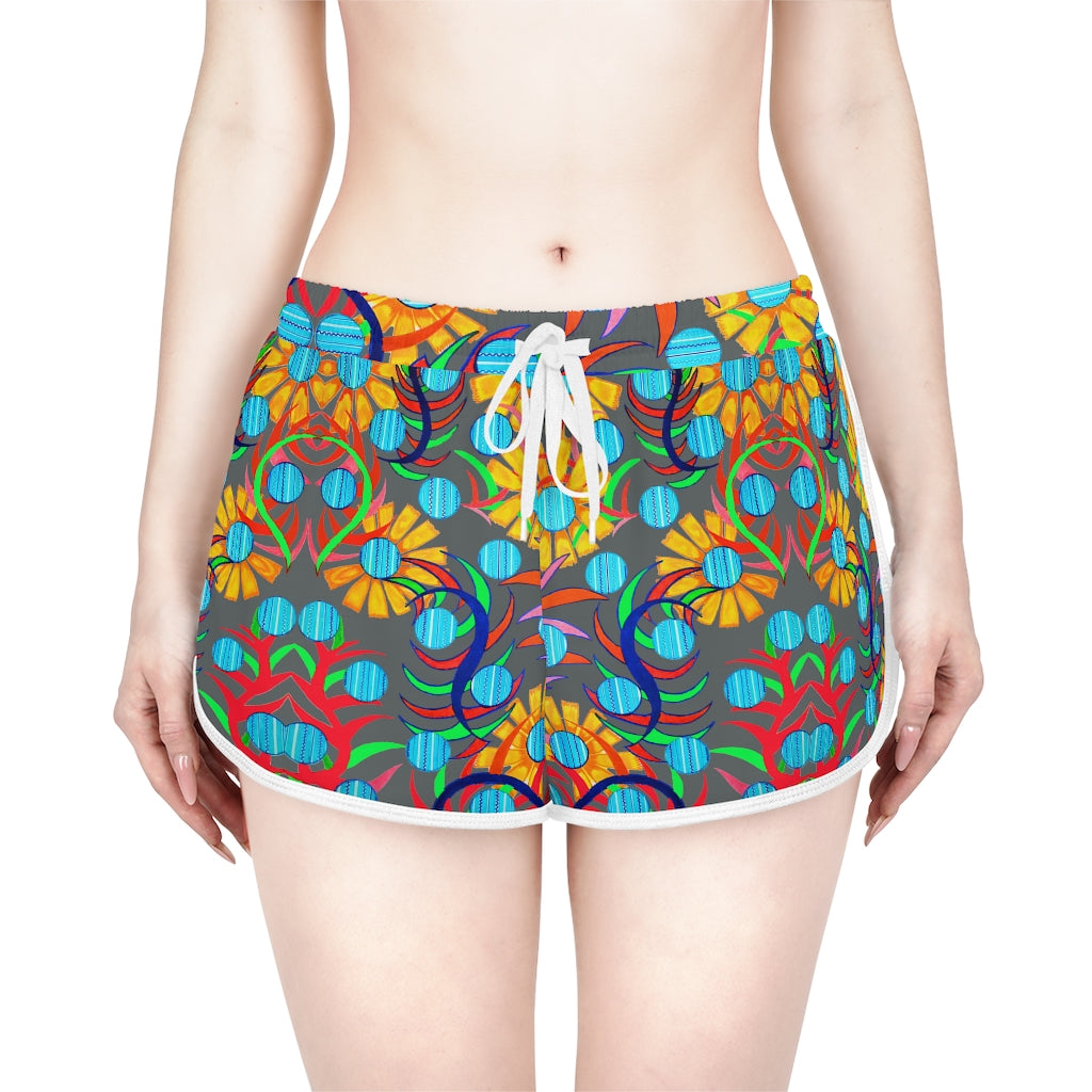 ash grey suflower print relaxed gym shorts for women