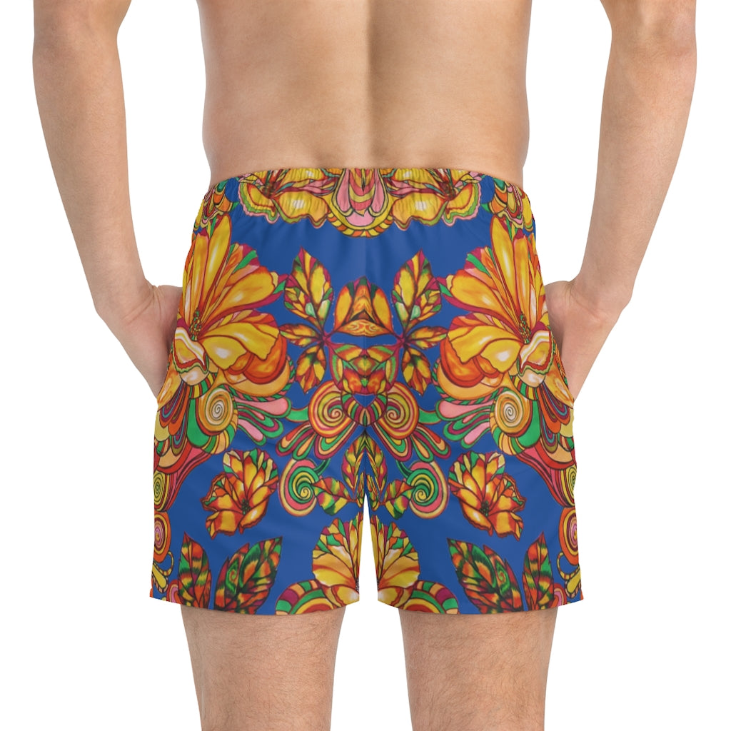 Artsy Floral Men's Blue Swimming Trunks
