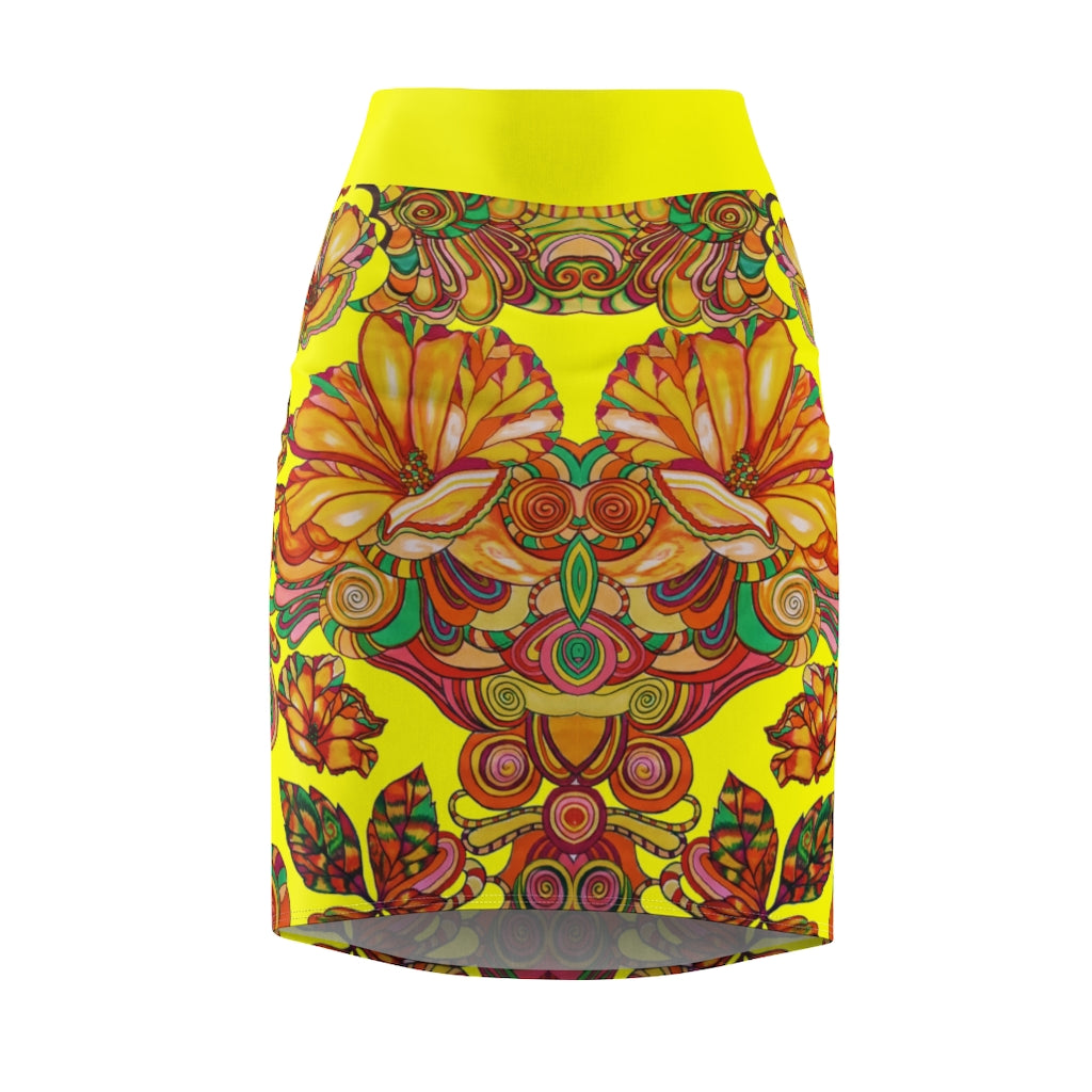 Artsy Floral Canary Pencil Skirt