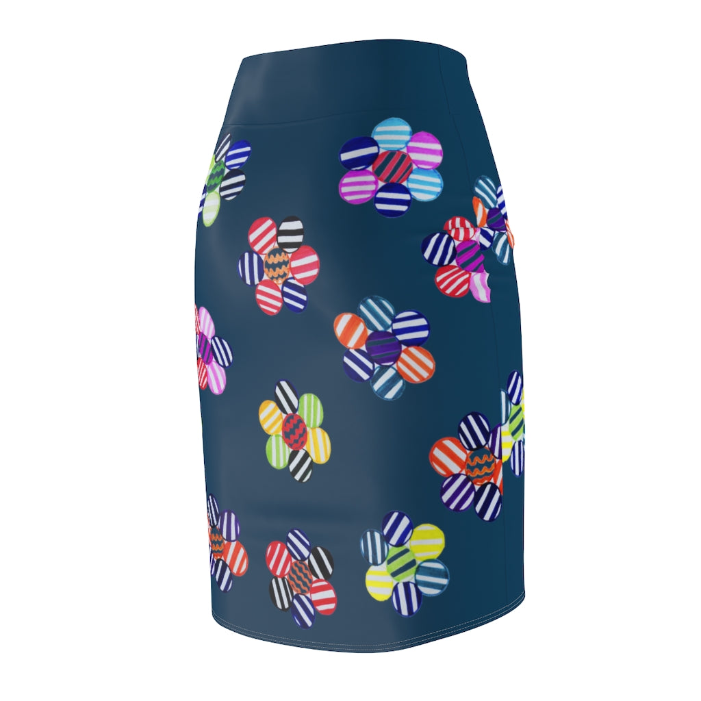 Teal Candy Florals Print Pencil Skirt