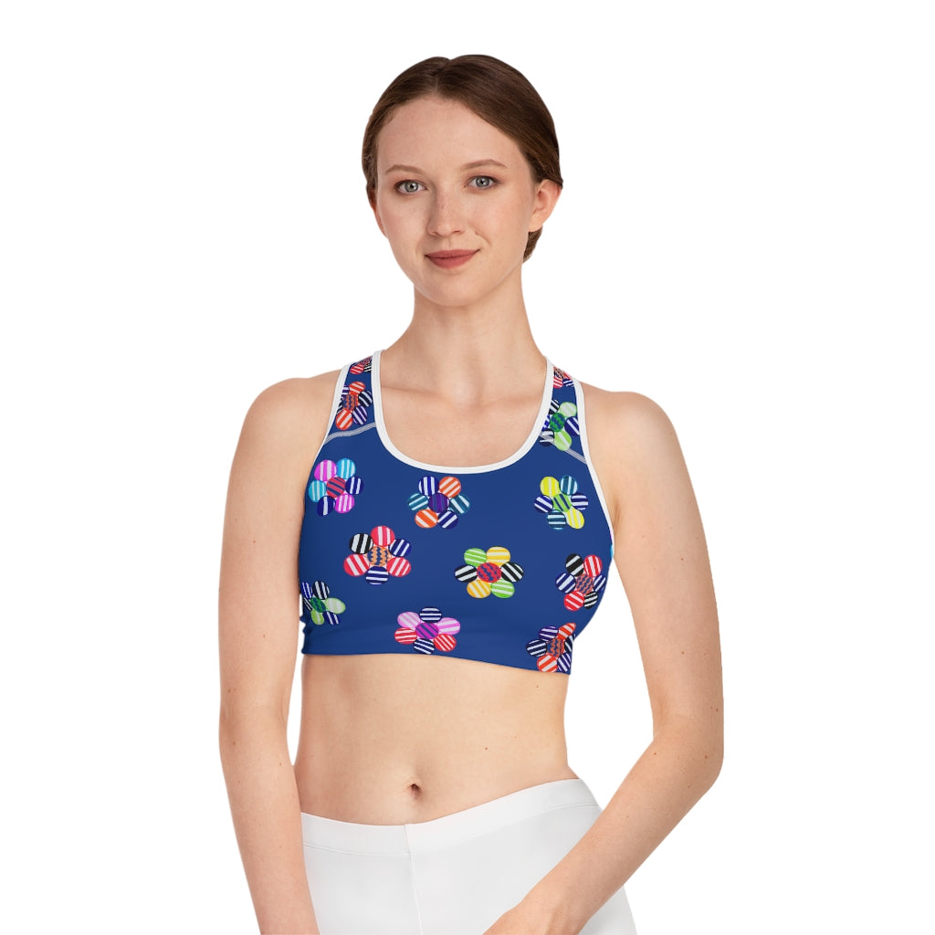 blue geometric flowers sports bra