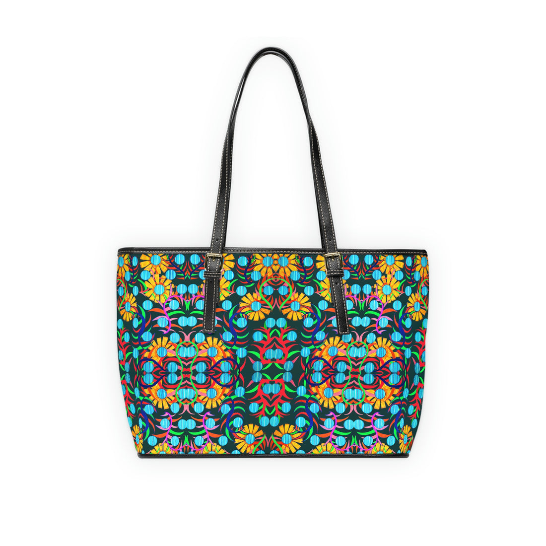 dark green pu leather sunflower print oversize tote bag