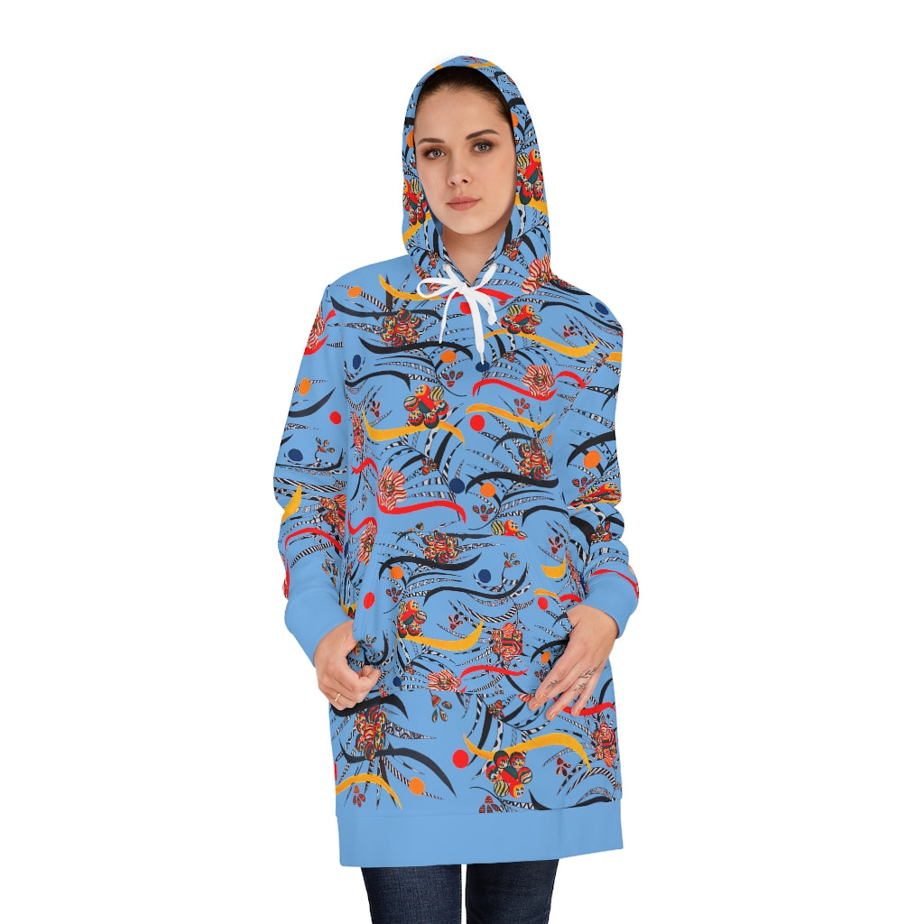 sky blue animal & floral print hoodie dress 