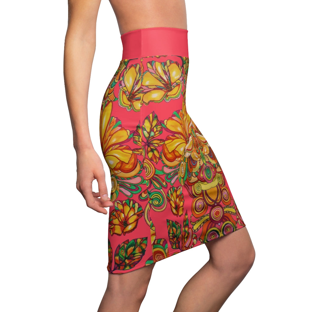 Artsy Floral Coral Red Pencil Skirt