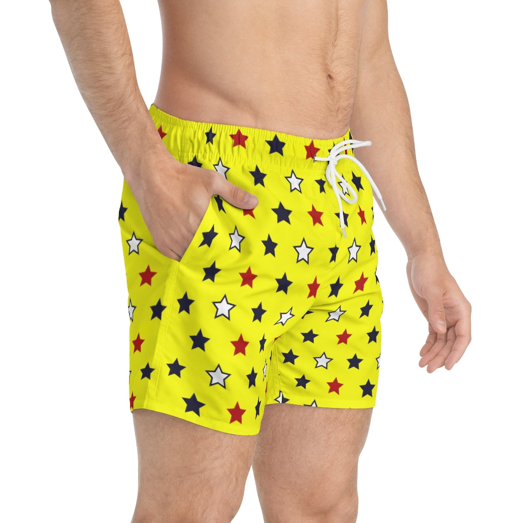 canary star print 4th of July men's swimming trunks